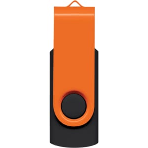 An orange and black Helix 16GB flash drive with a swivel design and a loop for attachment.