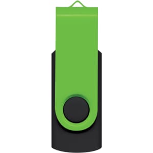 A Helix 16GB Flash Drive featuring a green and black design. The flash drive has a swivel mechanism for easy access.