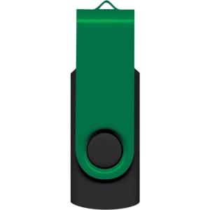 A Helix 16GB Flash Drive in a sleek design featuring a black body and a green rotating cover.