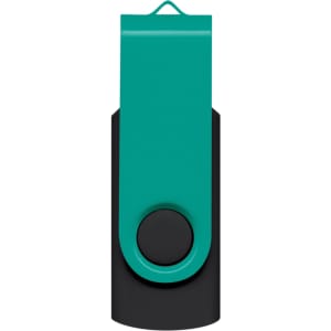 A teal and black Helix 16GB flash drive with a swivel design and a circular button. It features a logo on the side.