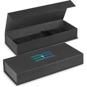 A sleek black gift box with a smooth finish, featuring an interior lining and a logo on the lid.