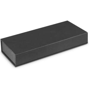 A black gift box for packaging pens, featuring a sleek and minimal design. It includes a logo or branding.