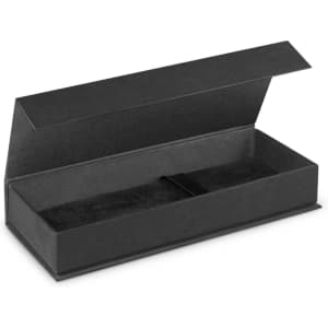 A black pen box with a soft interior and a removable lid, featuring a closure strap.