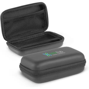 A large black carry case with a mesh pocket inside, featuring a logo on the exterior.