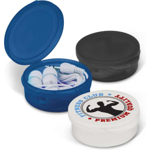 A blue, black, and white container set featuring Mondo Earbuds with accompanying cables. Each container has a lid and a logo.
