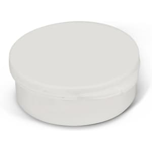 A white, round container with a smooth surface and a fitted lid.
