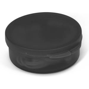 A round black case containing Mondo Earbuds. The case is sleek and designed for easy storage and portability.