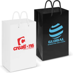 Two small laminated carry bags, one in white with a logo, and one in black with a logo, featuring contrasting handles.