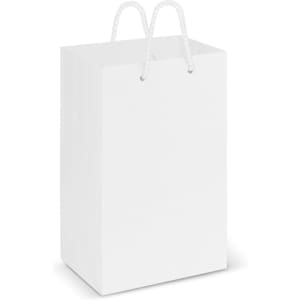 A small, laminated carry bag with a solid white exterior and white rope handles.