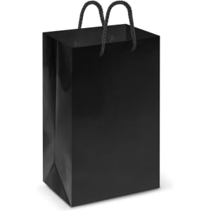 A small black laminated carry bag with black rope handles.