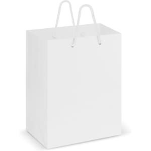 A medium laminated carry bag in a solid white color, featuring sturdy rope handles and a smooth finish.