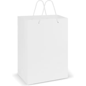 A large white laminated carry bag with cord handles and a blank surface for branding.