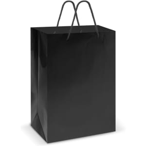 A large laminated black carry bag with black rope handles, featuring a glossy finish and an included logo.