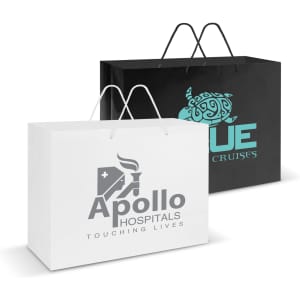 A large laminated carry bag in white and black, featuring a logo on the front and two handles.
