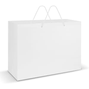 A large, white laminated carry bag with two white rope handles.