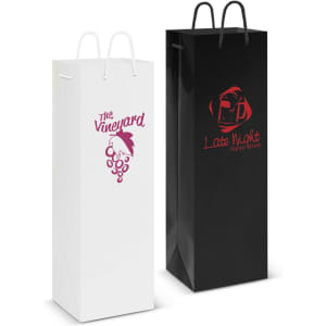 Two laminated wine bags, one in white with a pink design and the other in black with a red design, both feature handles.