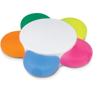 A flower-shaped highlighter set with orange, pink, green, yellow, and blue petals, featuring a white centre.