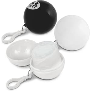 A black and white ball-shaped container with a clip, housing a roll of raincoat. Features branding on the surface.