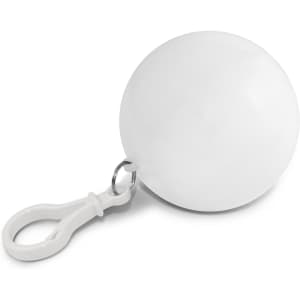 A white, spherical raincoat ball with a clip attachment.