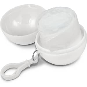 A white promotional product featuring a round container with a lid that holds a clear raincoat. It includes a keyring attachment.