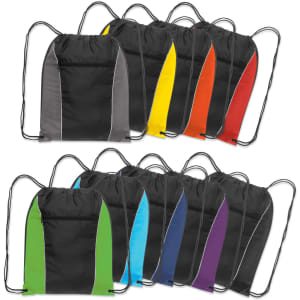 A collection of Ranger drawstring backpacks in various colours: grey, yellow, red, black, green, blue, and purple, with branding.