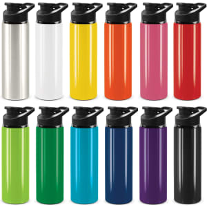 A drink bottle collection featuring various colours: silver, white, yellow, orange, pink, green, blue, purple, and black, with snap caps and logos.