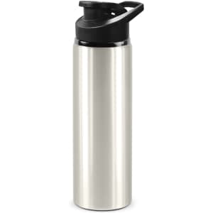 A drink bottle in silver stainless steel with a black snap cap and a handle. It features a logo on the side.