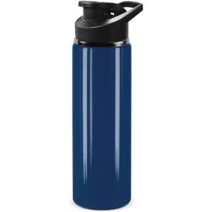 A drink bottle in navy blue with a black snap cap and a built-in handle for easy carrying. It features a logo.