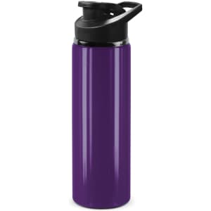 A drink bottle in a vibrant purple shade with a black snap cap and a logo.