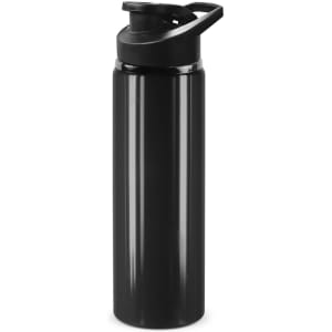 A drink bottle in sleek black with a snap cap, featuring a handle and a smooth glossy finish.