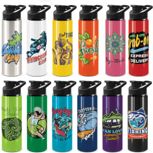 A drink bottle collection featuring various designs in vibrant colours, including blue, orange, yellow, and red, with logos.