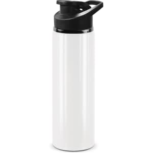 A drink bottle in white with a black snap cap and a handle, featuring a logo.