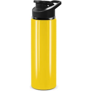 A drink bottle in bright yellow with a black snap cap and a handle, featuring a logo.