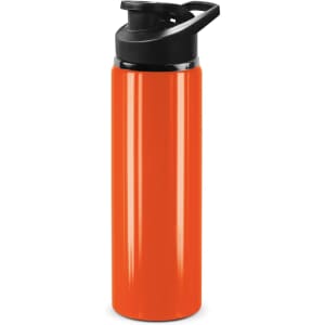 A drink bottle in bright orange with a black snap cap lid and a sleek design. Features a logo on the side.