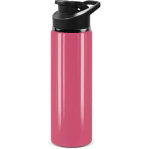 A drink bottle in vibrant pink with a black snap cap and a branded logo.