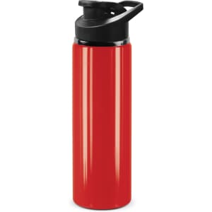 A drink bottle in vibrant red with a black snap cap and a branded logo.