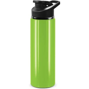 A drink bottle in bright green with a black snap cap and a sleek design. It features a logo on the side.