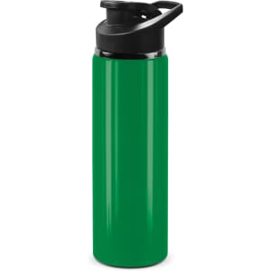 A drink bottle in bright green with a black snap cap and a built-in handle. It features a logo.