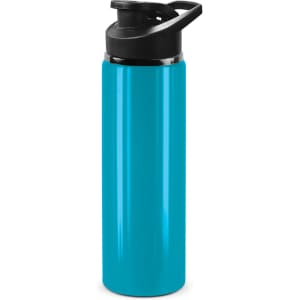 A drink bottle in bright teal with a black snap cap and a sleek design, featuring a logo.