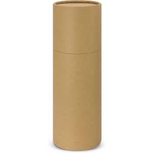 A drink bottle in a cylindrical, brown cardboard packaging with a smooth finish and a matching lid.