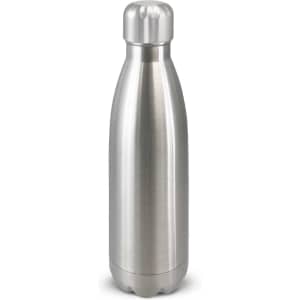 A drink bottle with a sleek stainless steel design, featuring a polished finish and a rounded cap.
