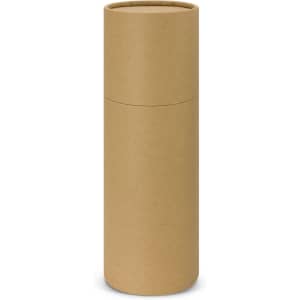 A drink bottle in a cylindrical, kraft paper packaging. The bottle is insulated and features a simple design.