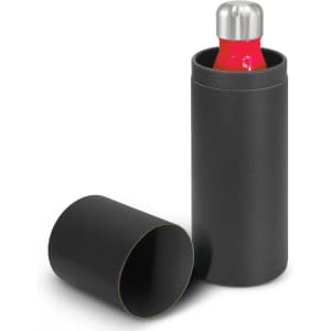 A drink bottle in a black container with a shiny silver cap, featuring a vibrant red body.