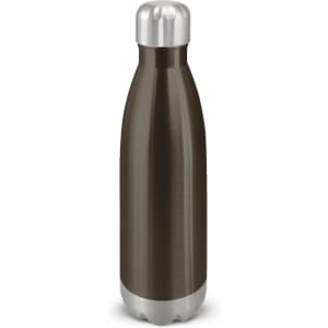 A drink bottle with a sleek design, featuring a dark metallic body and a silver, rounded cap.