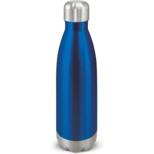 A drink bottle made of stainless steel with a sleek blue finish and a silver top.