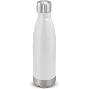 A drink bottle in matte white with a stainless steel base and cap, featuring a logo.