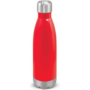 A drink bottle with a vibrant red body and a stainless steel cap. The design features a sleek, modern shape.