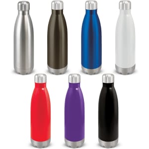 A drink bottle collection featuring silver, dark brown, blue, white, red, purple, black, and a metallic finish, with a logo on some.