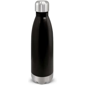 A drink bottle with a sleek black exterior and a silver cap, featuring a stainless steel base for durability.