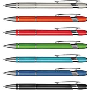 A collection of metal pens in silver, orange, red, green, blue, and black with chrome accents, featuring a logo.